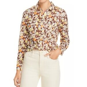 Tory Burch Womens Brown Yellow Floral Brigitte Button Down Long Sleeve Shirt 0